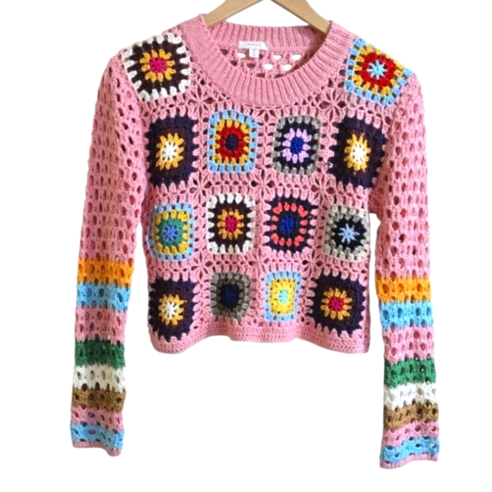 Debut Women's Crocheted Granny Square Long Sleeve Cropped Top. Size XS